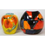 Poole Pottery purse vase with polychrome abstract geometric decoration, 19cm high, transfer mark,