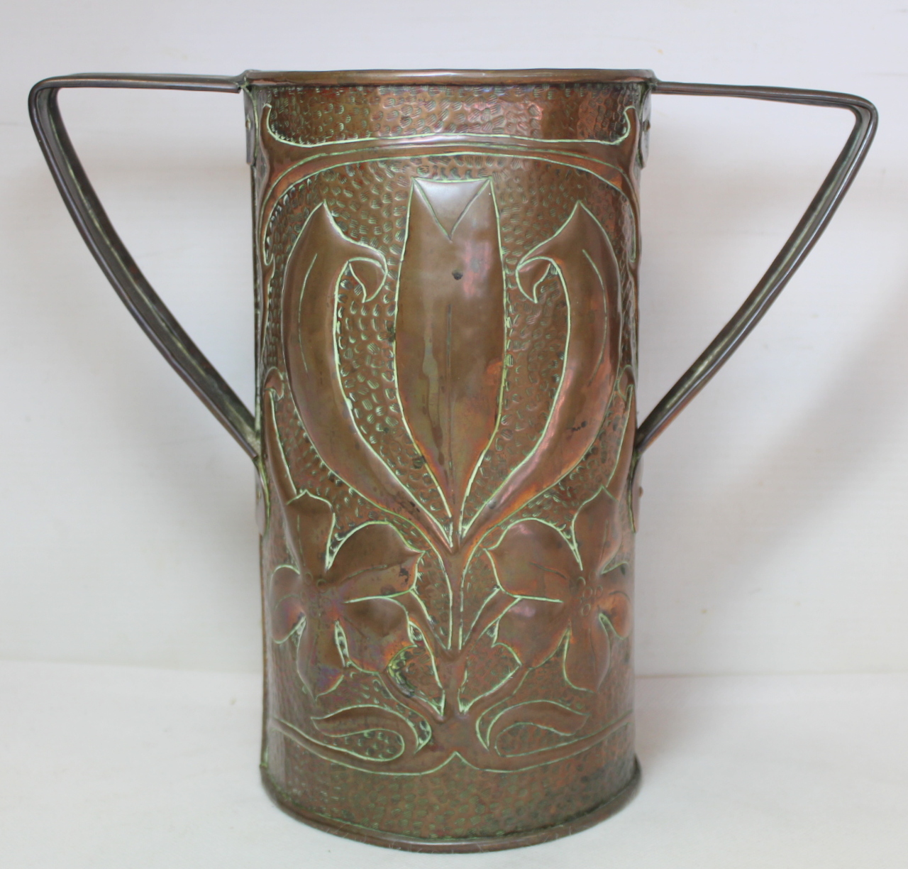 Arts & Crafts copper vase of twin handled cylindrical form, possibly Fivemiletown, with floral and - Image 4 of 9