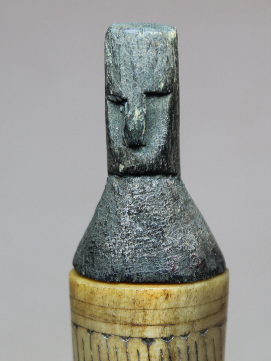 Antique tribal bone snuff or potion bottle with incised banding and stained mask head stopper, - Image 8 of 10