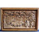 20th century Asian large hardwood pictorial panel carved in deep relief depicting a street scene