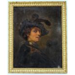 AFTER REMBRANDT VAN RIJN. Copy of "Tronie" of a man with a feathered beret. Oil on canvas,