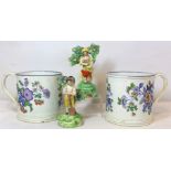 Pair of large early 19th century pearlware mugs with polychrome floral transfer decoration, each 7cm