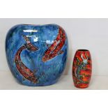 Anita Harris Studio Pottery vase of large flattened ovoid form depicting two carp in polychrome drip