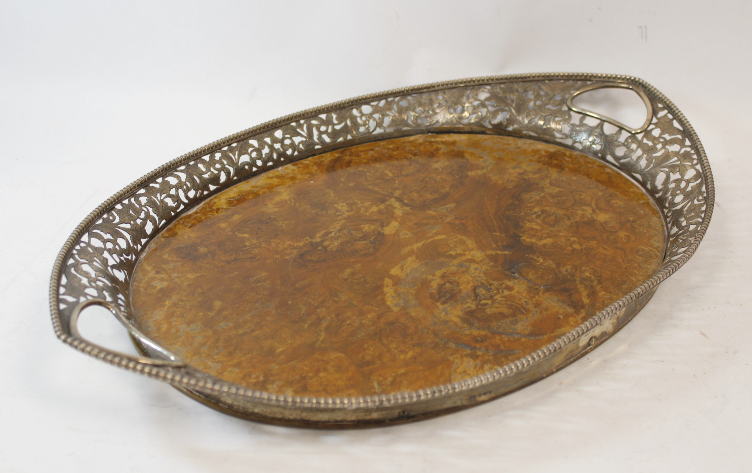 Dutch burr walnut oval tray with pierced and engraved silver gallery, Import Marks, 1908, 50cm. - Image 2 of 5