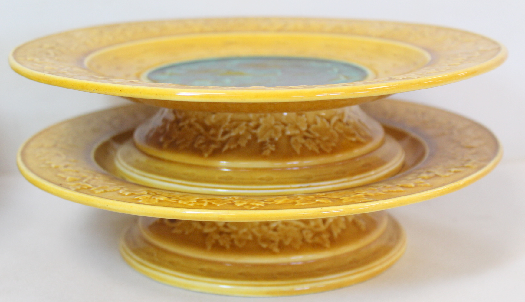 A. J. Adams & Co., Staffordshire Majolica dessert service with central green glazed circular - Image 4 of 12