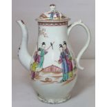 18th century Liverpool creamware coffee pot and cover of pear shape, decorated with