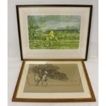 After A. J. Munnings - a colour print of a hunting scene, signed in pencil, 44cm x 59cm; also a