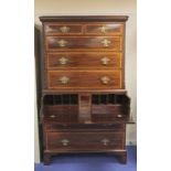 Good George III mahogany secretaire chest on chest with satinwood crossbanding, the upper section