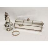 Silver on copper inkstand with two receivers, a silver bracelet and a caster (3)