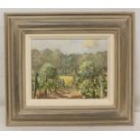 MICHAEL PYBUS (b.1954) Near Belves - a vineyard. Oil on board. 19cm x 24cm. Signed. Inscribed with