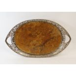 Dutch burr walnut oval tray with pierced and engraved silver gallery, Import Marks, 1908, 50cm.