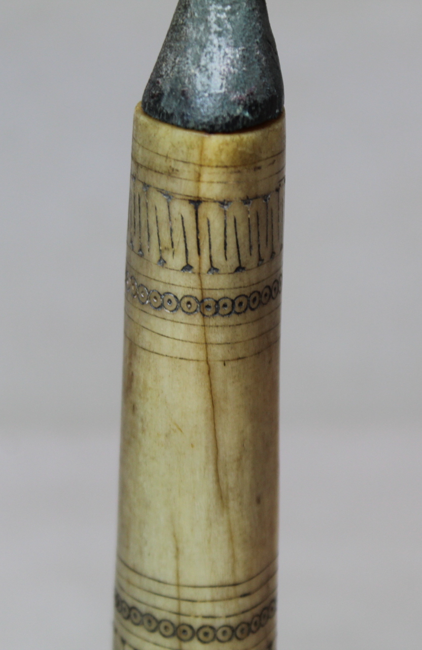 Antique tribal bone snuff or potion bottle with incised banding and stained mask head stopper, - Image 6 of 10