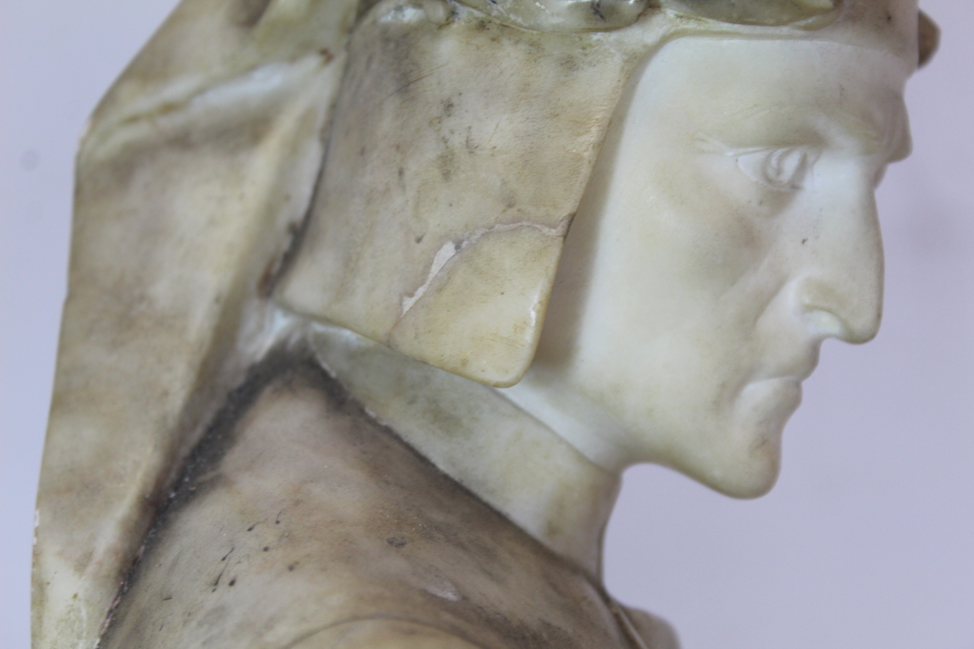 Antique carved alabaster bust of Dante on rectangular plinth base (detached), 23cm high. - Image 7 of 15