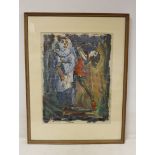 German Expressionist School embellished colour print of Circus Performers, 66cm x 51cm.