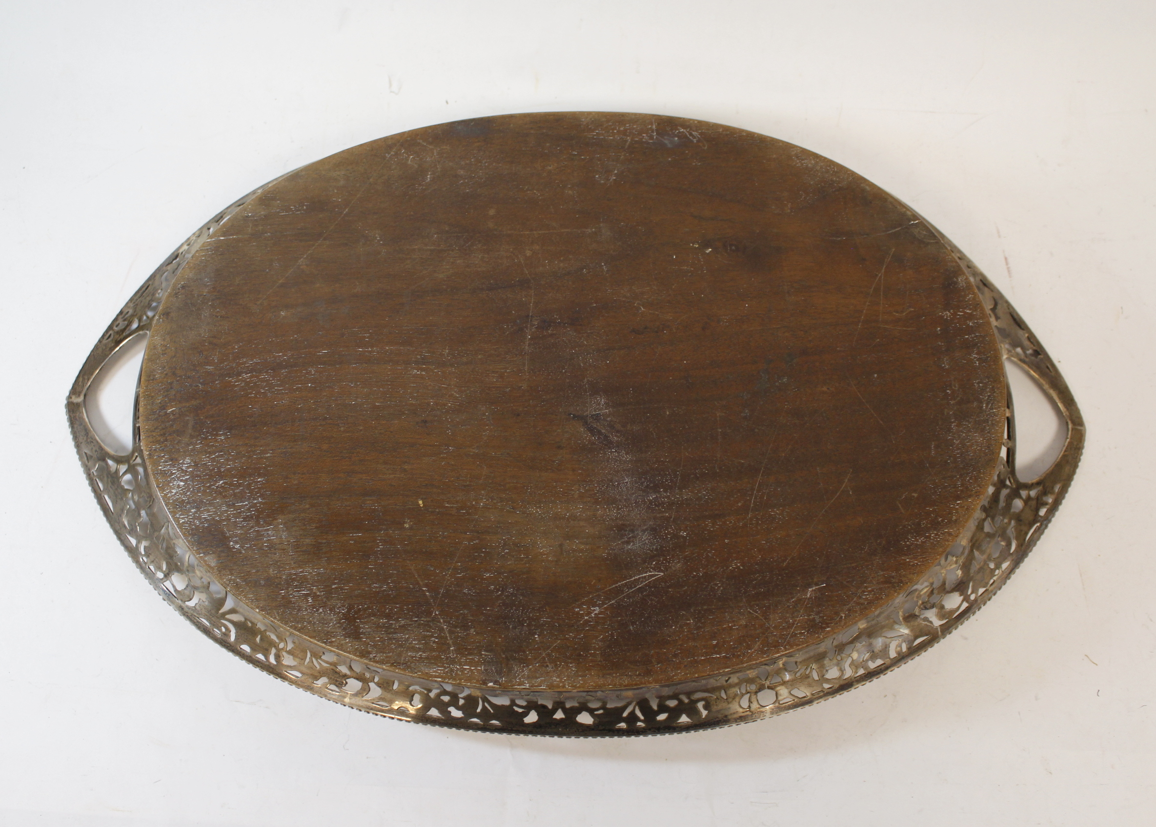 Dutch burr walnut oval tray with pierced and engraved silver gallery, Import Marks, 1908, 50cm. - Image 4 of 5