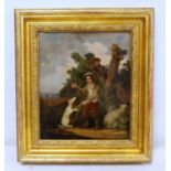 19TH CENTURY SCHOOL Shepherd and his flock. Oil on canvas, relined. 31cm x 25.5cm.
