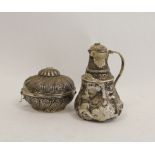 Turkish embossed silver box of globular shape and a similar ewer, probably Tibetan.  (2).