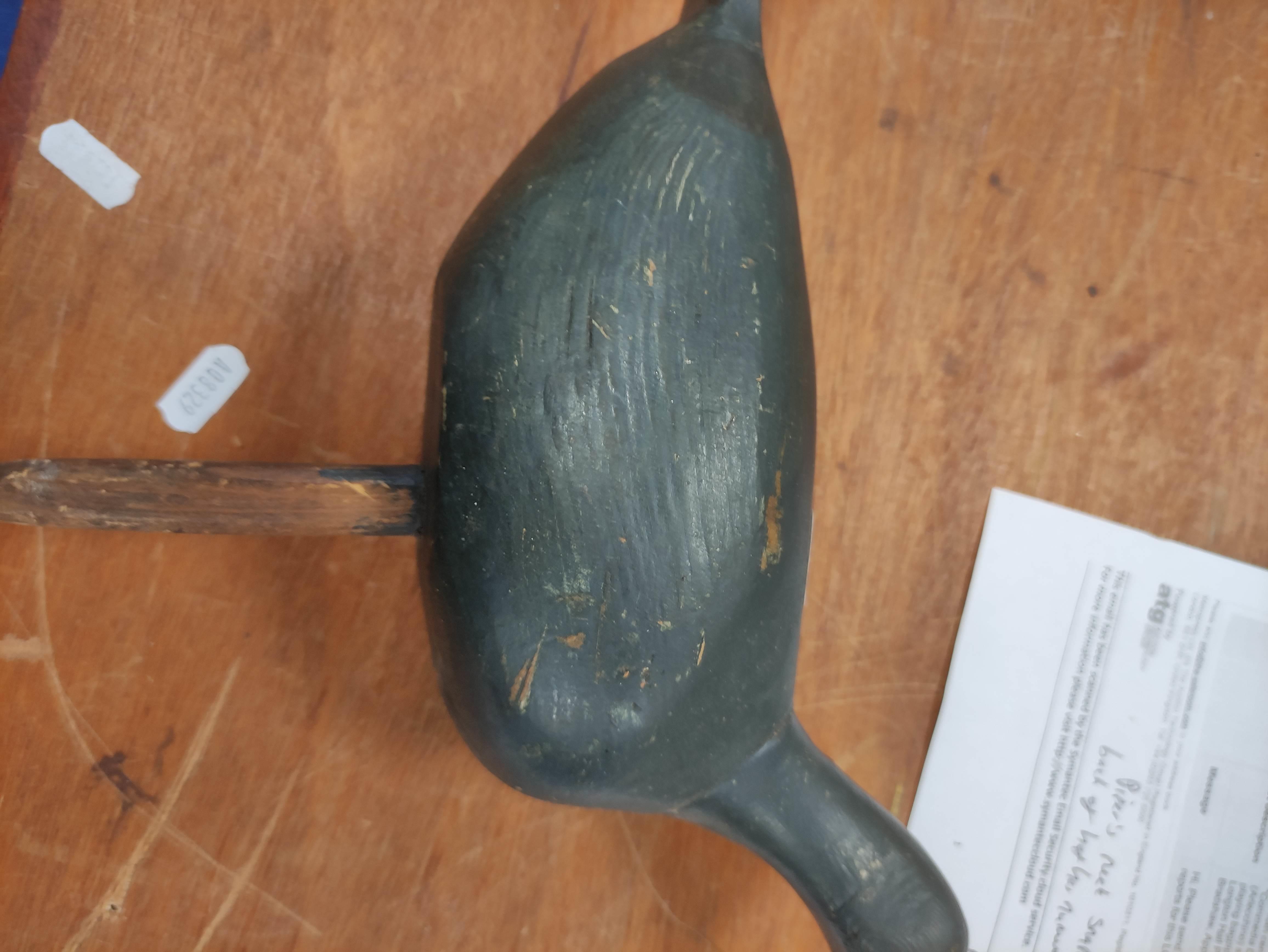 Antique wooden bird decoy with grey painted finish and peg base, 23.5cm high and 31cm long. - Image 12 of 13