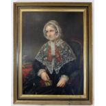 VICTORIAN SCHOOL. Portrait of an elderly lady knitting. Oil on canvas laid on board. 57.5cm x 42.