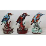 Three Anita Harris Studio Pottery figures of kingfishers on naturalistic oval plinth base with