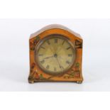 Antique arch topped mantle clock with lacquered Chinoiserie decoration, 13cm tall