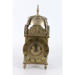 Antique brass lantern clock of good proportions, the dial with Roman numeral chapter ring,