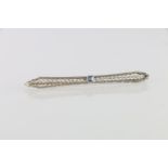 Art Deco style 18ct white gold bar brooch set with square sapphire, 3g, 6cm long