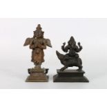 A late 19th or early 20th century bronze figure of Garuda on a plinth base, 19cm, and another,