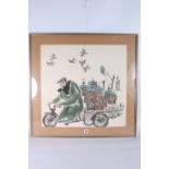 Chinese Contemporary Watercolour Bird Seller on a Cycle Cart Watercolour, signed and sealed, 64cm