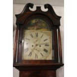 W McAdam of Bathgate longcase Grandfather clock, the painted dial with arch top having painted