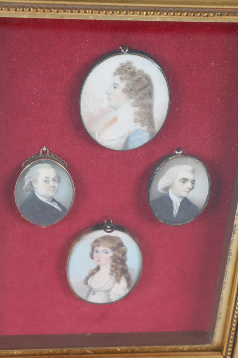 Framed display of four antique portrait miniatures, each apparently unsigned, the largest 5.5cm x - Image 2 of 3
