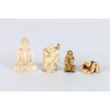 A carved ivory seated Buddha figure, 6cm and a small netsuke depicting a man grinding rice, 3.5cm,