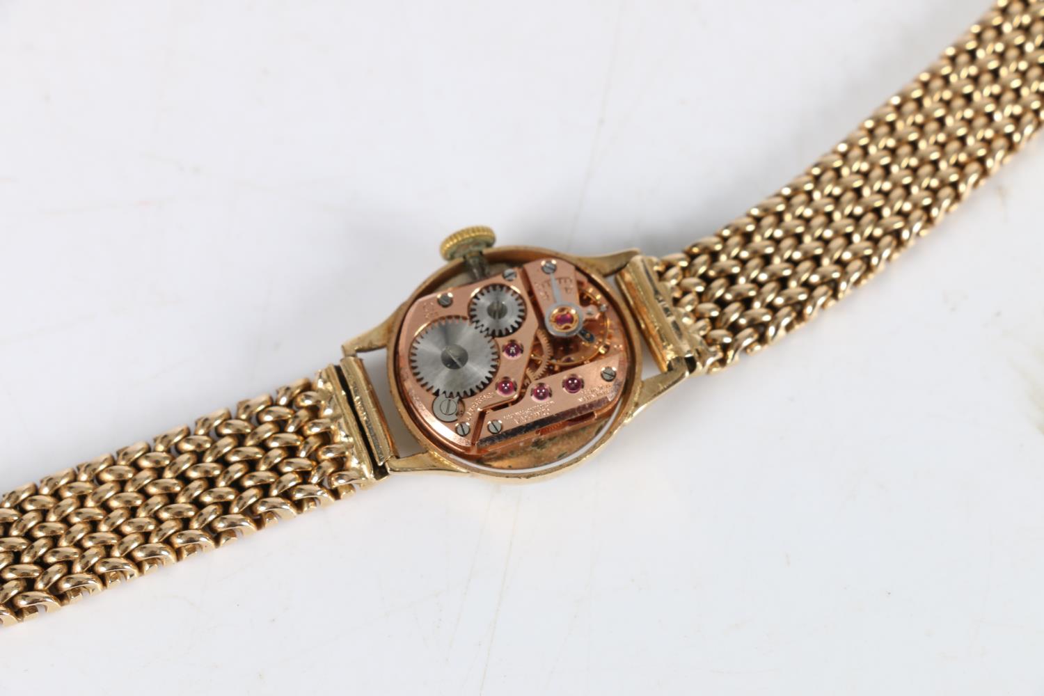 Ladies 9ct gold Omega wristwatch, (cal 244), the 9ct gold strap having unusual fastening clasp. - Image 5 of 8