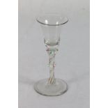 18th century small ale glass with flaring rim and triple knop stem, the spiral in red white and