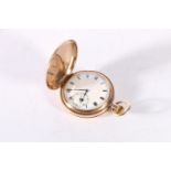 9ct gold cased full hunter keyless pocket watch, the white enamel dial with Roman Numerals and