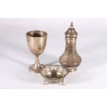 George V silver sugar caster by Ernest Druiff & Co, Birmingham 1921, 167g, a silver goblet "ASCHAM