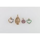 14ct gold portrait pendant 4.5g, a 14kt gold emerald and diamond heart shaped pendant 1.2g, a 9ct