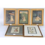 Two Indian miniature watercolour paintings of men holding a hawk and a dove, framed and glazed, 17cm