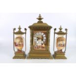 French clock garniture set, the clock with three painted porcelain panels depicting tavern scenes