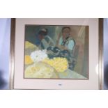 BRENDA LENAGHAN DA RSW (Scottish 1941-2020) *ARR*,  Flower sellers,  signed oil, 49cm x 49cm