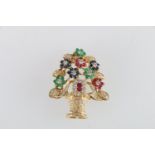 18ct gold emerald, sapphire, ruby and diamond set brooch, attractively modelled in the form of a