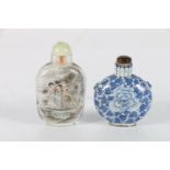Chinese blue and white snuff bottle of spherical form decorated with peony flowers, four character