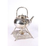 Martin Hall and Co silver plated spirit kettle on stand with rustic branch handle, spout and