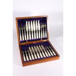 Canteen containing a set of twelve fish knives and forks with mother of pearl handles, silver plated