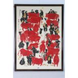 Contemporary Chinese Watercolour 18 Red Bullocks and farmers Signed and seal mark, 83cm x 59cm and