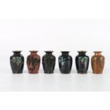 Six miniature cloisonne vases, including a dark blue vase with silver wired wisteria decoration,