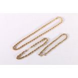 Two 18ct gold rope twist bracelets 15.5g and an unhallmarked yellow metal rope twist neck chain 12g,