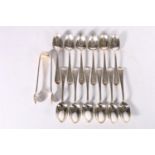 Set of twelve silver teaspoons and sugar tongs by J M & Co Glasgow 1877, 261g
