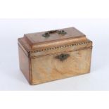 Antique walnut casket top tea caddy with banded top, fittings lacking, 27cm wide