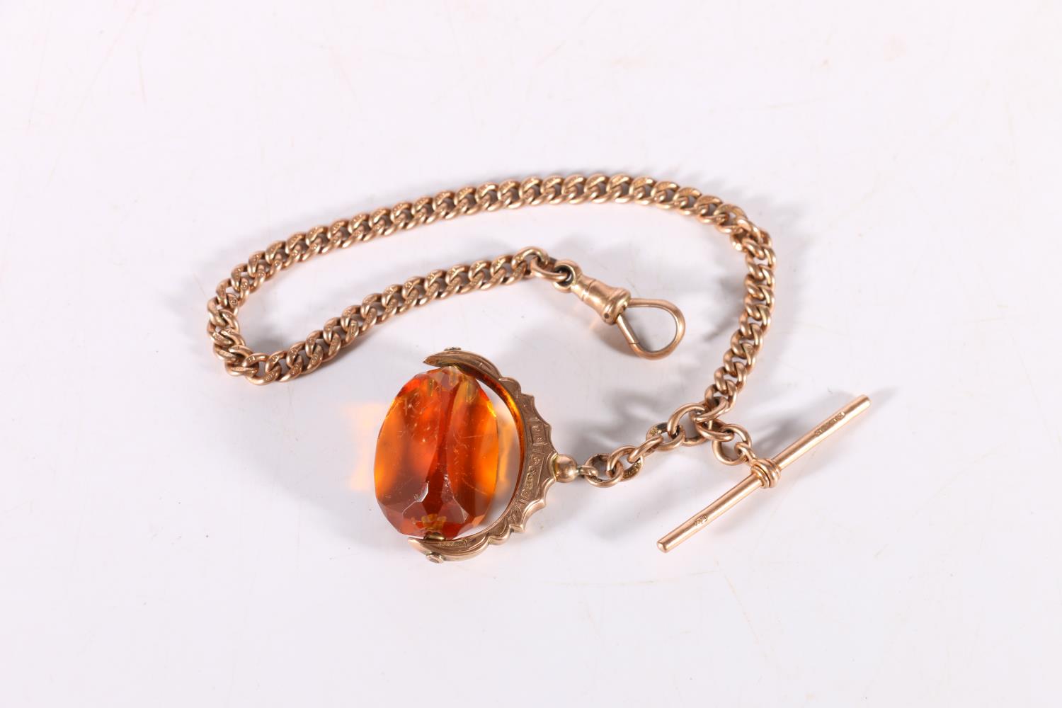 9ct rose gold curb link watch guard by maker DB with faceted citrine set swivel fob, 25.4g gross